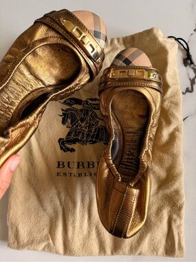 Burberry Metallic Gold Ballet Flats with Signature Check Cap-Toe